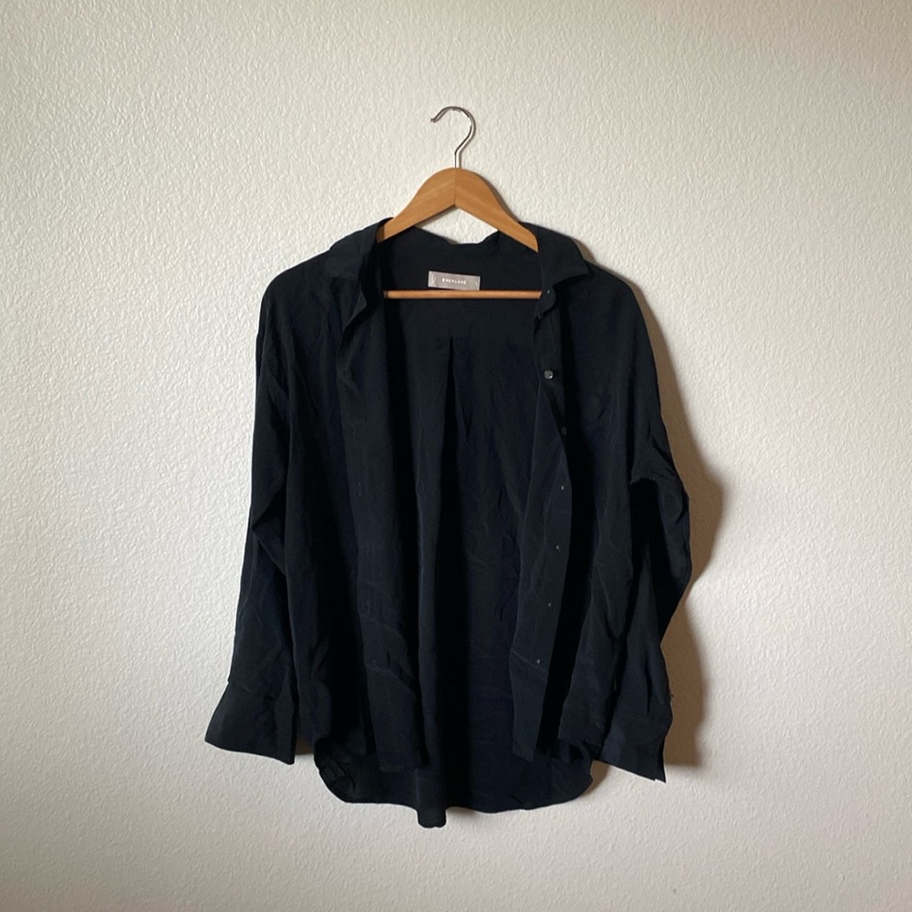 Everlane button down black silk shirt